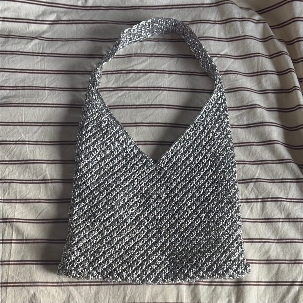 J Crew Handwoven Metallic Silver Shoulder Tote Bag